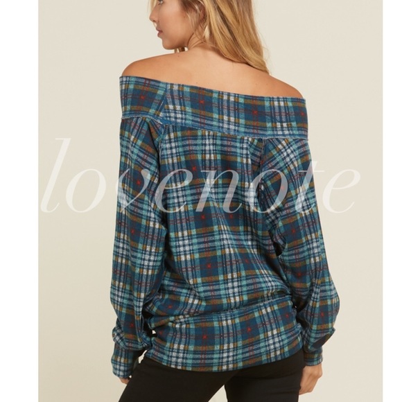 LAST 1 ❤️ Off the Shoulder Sweater Plaid Blouse - Picture 3 of 5